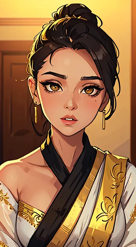 Amazing portrait of a sexy woman with her hair tied back in a low bun with her eyes emphasised by smokey eyeliner gazing at us seductively with her perfect lips parted wearing gold blouse and a white saree with gold embroidery