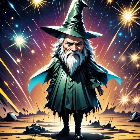 professional video of an old wizard wearing black clothes and a pointed hat manipulating a greenish color energy plasma ball, fa...