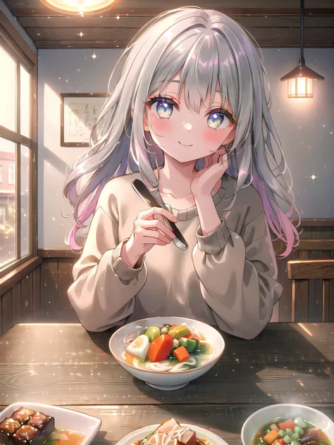 ((8k, Highest quality, masterpiece: 1.3)),Ultra-high resolution,(1 girl, alone), (Color changing eyes, Ultra-detailed, Expressive brilliance, Glitter, Glowing Eyes), Highly detailed eyes, Highly detailed face, Random Hair, ((pastel colour)In the cozy dinin...