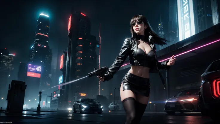 Blade Runner style futuristic city, neon buildings, cars, lightning, 3d rendering Beeple. At night, (1girl, solo, alone), photorealistic, medium-breast slim:0.6 body, oval:0.5 face, cleavage:1.1, sexy black laced bra, deep-V, (low angle view of miniskirt),...