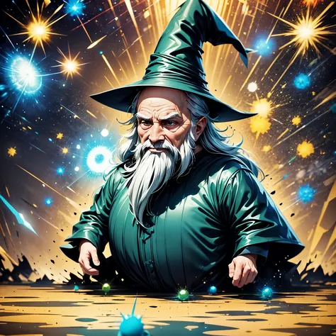 professional video of an old wizard wearing black clothes and a pointed hat manipulating a greenish color energy plasma ball, fa...