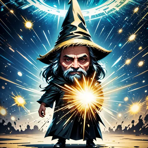 professional video of an old wizard wearing black clothes and a pointed hat manipulating a greenish color energy plasma ball, fa...