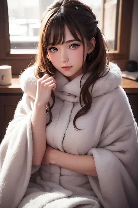 a cute girl, fluffy furry coat, cute pose, cozy blanket, detailed portrait, beautiful eyes, realistic, detailed skin, intricate hairstyle, warm lighting, soft colors, cinematic, highly detailed, photorealistic, 8k, masterpiece
