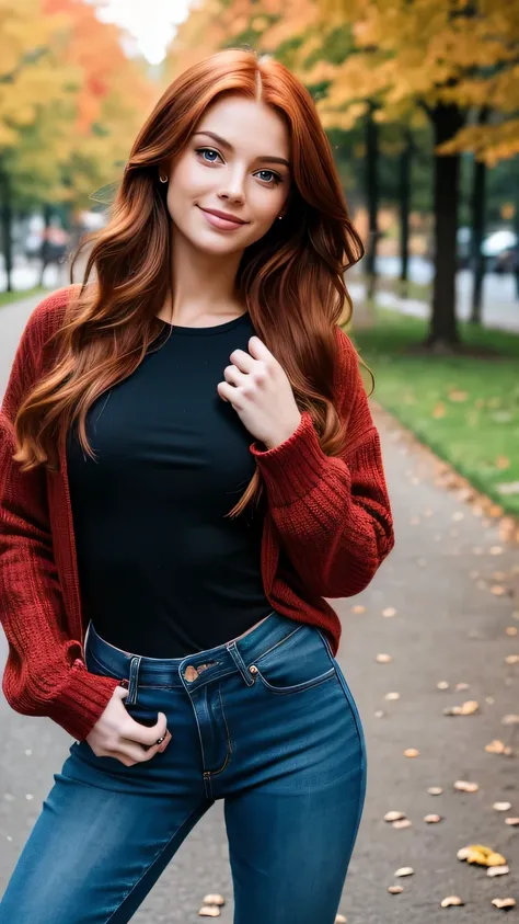 Realistic full body photo of a smiling, Young red-haired girl with long hair, She dances in front of the camera in a long-sleeved red cotton shirt and tight black jeans, Park,glamour fotoshooting, Park, perfect anatomy, perfect green eyes. Perfect hands wi...