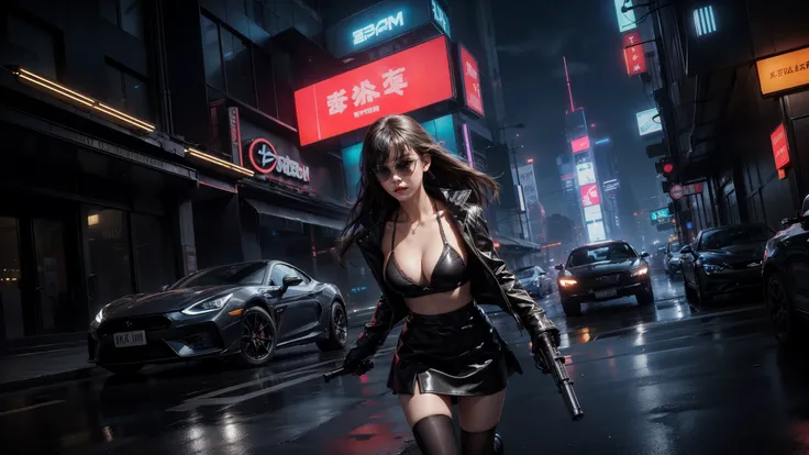 Blade Runner style futuristic city, simple outlined neon buildings, cars, lightning, 3d rendering Beeple. At night, (1girl, solo, alone), photorealistic, medium-breast slim:0.6 body, oval:0.5 face, cleavage:1.1, sexy black laced bra, deep-V, (low angle vie...