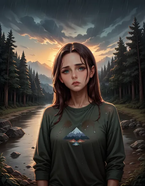 (1 girl) (masterpiece, best quality) ((the cutest camp councilor is sad she wont see you until next year)) , ,  , (stormy dark sky, sunset, raining) (beautiful forest background)
((Melancholy emotions:1.4)), ((realistic oil painting)) art by norman Rockwel...