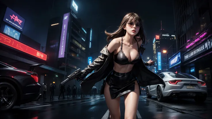 Blade Runner style futuristic city, simple outlined neon buildings, cars, lightning, 3d rendering Beeple. At night, (1girl, solo, alone), photorealistic, medium-breast slim:0.6 body, oval:0.5 face, cleavage:1.1, sexy black laced bra, deep-V, (low angle vie...