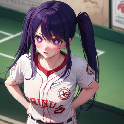 1 girl, alone, high quality, arms behind back, big tits, beautiful, slender, shoot from above BREAK Sparkling_eye, Purple Hair, Long Hair, pigtails, Star-shaped pupils, +_+, baseball uniform , embarrassing, blush BREAK arms behind back