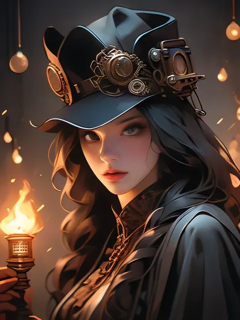 a human figure in a hat holding a lantern, a portrait by Dietmar Damerau, trending on cgsociety, conceptual art, steampunk clothes, the plague doctor, evil steampunk pyromancer woman, in detailed steampunk dress, plague doctor, steampunk wizard, inspired v...