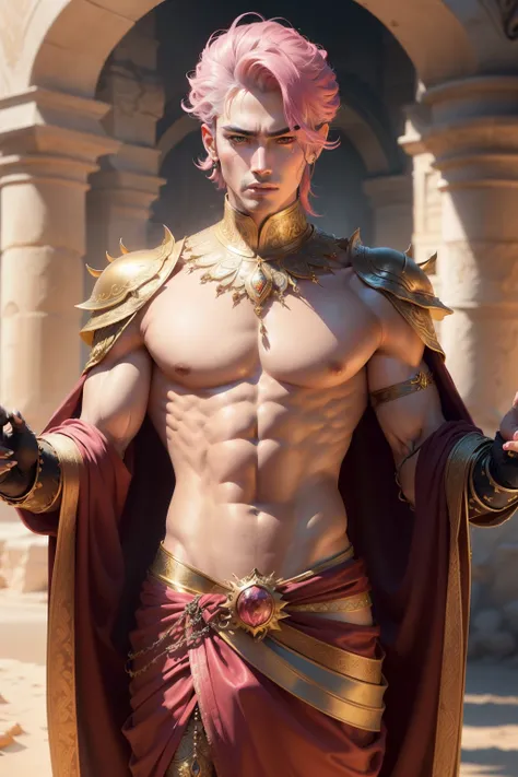 (8k,photorrealistic　RAW photograph　Maximum quality;1.4) (1 Korean) Super handsome king of the underworld　(lifelike face) 　(desert rose hair,  Short hair in the wind)　slenderbody　Muscular and macho　big pink eyes　Aristocratic metallic outfit with desert rose...