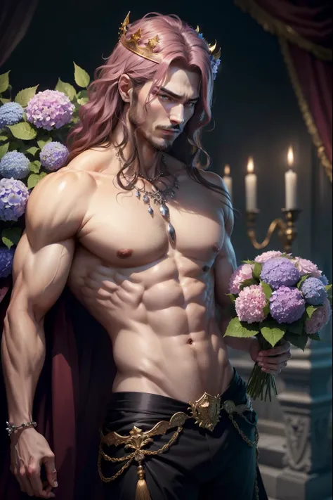 (8k,photorrealistic　RAW photograph　Maximum quality;1.4) (1 Korean) Super handsome king of the underworld　(lifelike face) 　(hair with hydrangea flowers,  medium hair in the wind)　slenderbody　Muscular and macho　big pink eyes　Aristocratic metallic outfit with...