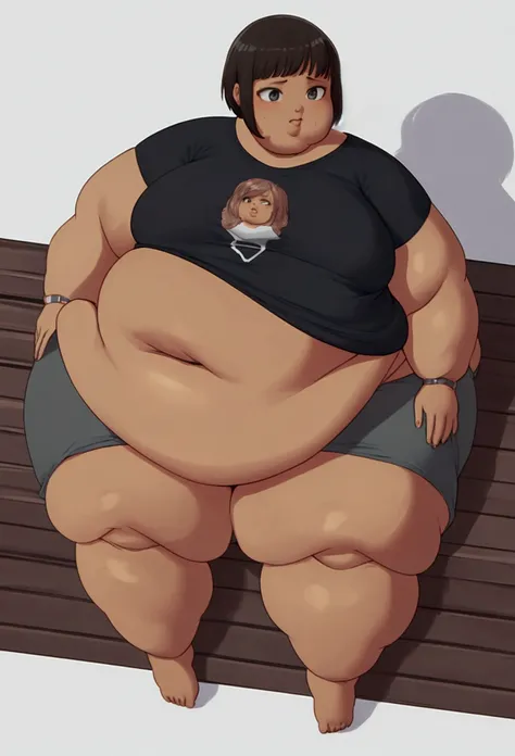 Extremely obese black woman, fat blob, fat arms, fat face, fat legs, fat rolls, brown skin, black buzzcut, wearing a stripped T-shirt and loose sweatpants, sitting on the floor, fag blob