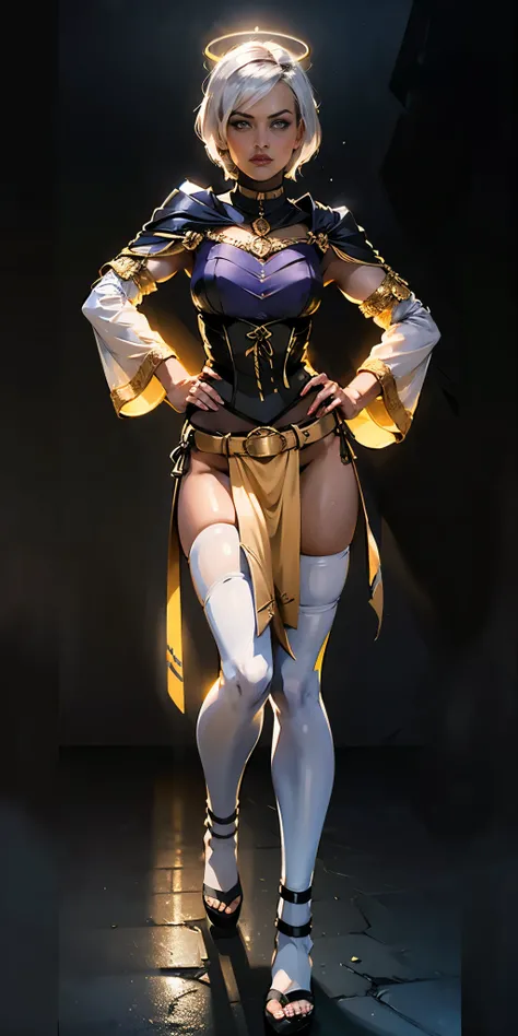 (black background) paladin lady in ornate golden armor, pauldrons, breastplate, corset, glowing halo, short hair, bob hair style, white silver hair, yellow glowing eyes, bright pupils, eye focus, red cape, particles, light beam, chromatic aberration, full ...