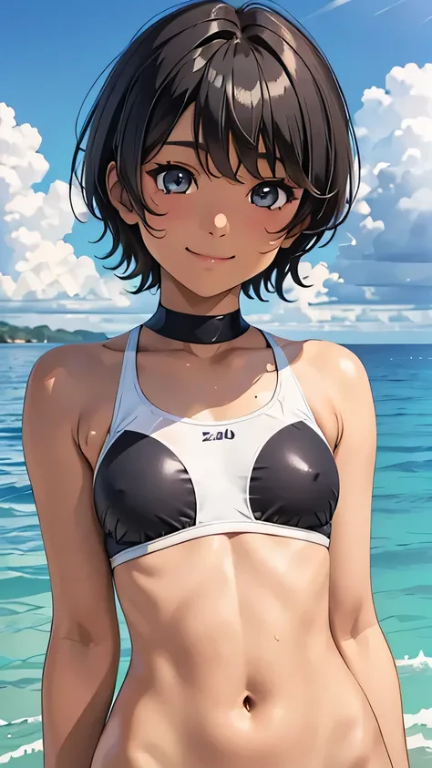 Highest quality、Realistic、、zoom、、Primary school students、man、low length、cute、Light grey eyes、Black Hair、short hair、Tanned brown skin、Dark Skin、Upper body naked、Light blue swimsuit、smile、Ocean