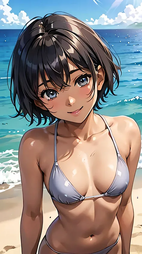 Highest quality、Realistic、、zoom、、Primary school students、man、low length、cute、Light grey eyes、Black Hair、short hair、Tanned brown skin、Dark Skin、Upper body naked、Light blue bikini pants、smile、Ocean