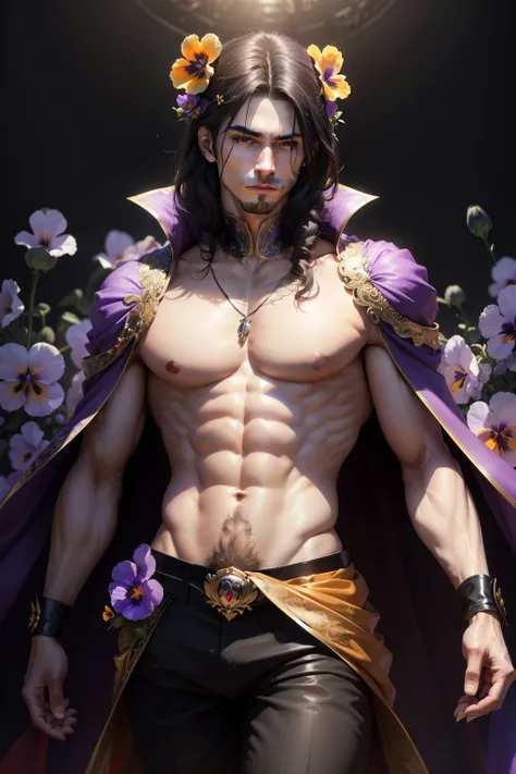 (8k,photorrealistic　RAW photograph　Maximum quality;1.4) (1 Korean) Super handsome king of the underworld　(lifelike face) 　(hair with pansy flower,  medium hair in the wind)　slenderbody　Muscular and macho　big pink eyes　Aristocratic metallic outfit with pans...