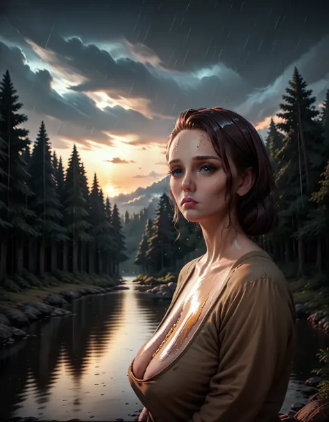 (1 girl) (masterpiece, best quality) ((the cutest camp councilor is sad she wont see you until next year)) , ,  , (stormy dark sky, sunset, raining) (beautiful forest background)
((Melancholy emotions:1.4)), ((realistic oil painting)) art by norman Rockwel...