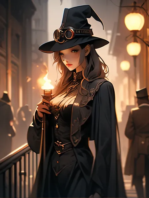 a human in a hat holding a lantern, the plague doctor, steampunk clothes, evil steampunk pyromancer woman, in detailed steampunk dress, steampunk wizard, plague doctor, inspired victorian sci - fi, ( steampunk ), (steampunk), robe. extremely high details, ...