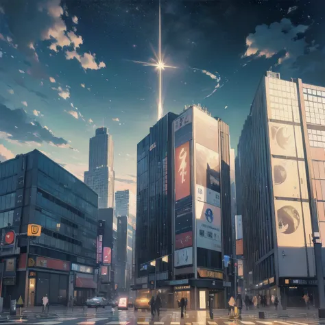 (((Masterpiece, top quality))), (((32K wallpaper))), ultra high resolution、TOKYO、(((Buildings)))、(((Big North Star in the sky)))、Colorful night view、(((cloud)))、Close-up of the North Star、Highly detailed background、(((pedestrian crossing)))、neon、a lot of b...