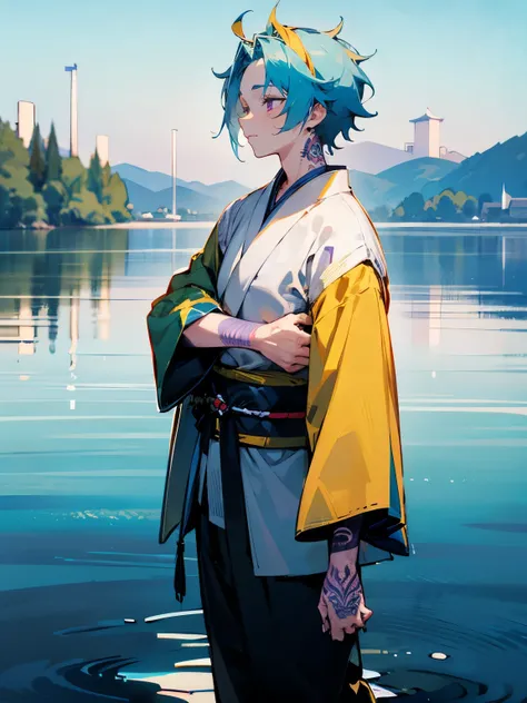 1male , Mystical Lake Background, Standing In Lake, White and Yellow Haori With One Sleeve,Adult Male , Blueish Black Tribal Tattoos On Arm , Messy Pale Blue Hair ,Yellow Highlighted Hair, Purple Eyes , Perfect Generation