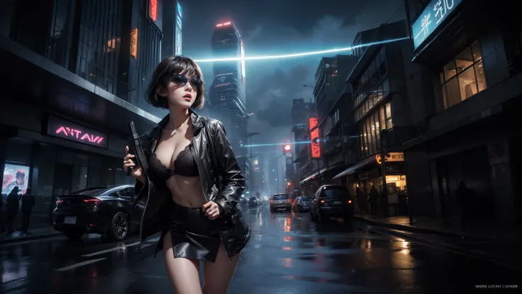 (Wide angle view). Blade Runner style futuristic city, simple outlined neon buildings, flying cars, lightning, 3d rendering Beeple. At night, (1girl, solo, alone), photorealistic, medium-breast slim:0.6 body, oval:0.5 face, cleavage:1.1, sexy black laced b...