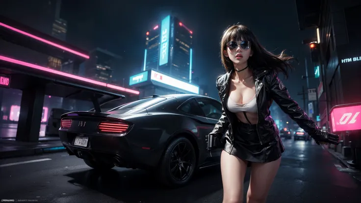 (Wide angle view). Blade Runner style futuristic city, simple outlined neon buildings, flying cars, lightning, 3d rendering Beeple. At night, (1girl, solo, alone), photorealistic, medium-breast slim:0.6 body, oval:0.5 face, cleavage:1.1, sexy black laced b...