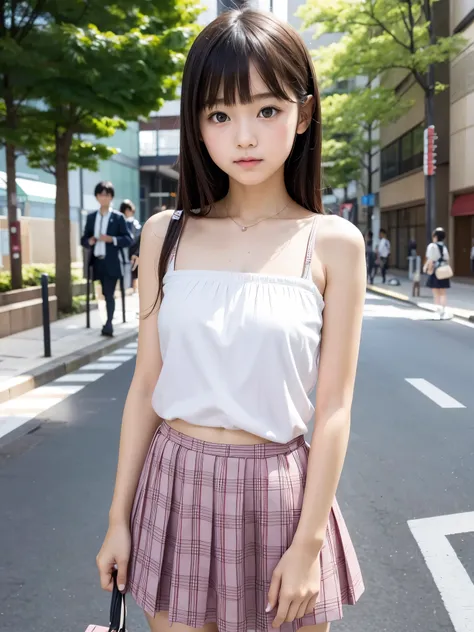 Japanese elementary school girl, baby face, thin, cute, casual clothes, bare shoulders, Harajuku