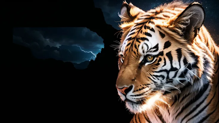 tigre, Divine tiger, naturals, naturals, ferocious, masculine, mighty, Golden and white tiger, Powerful Tiger, naturey bela, Great Realistic, FullHD 8k, Light of sky, sunset night, Clear sky Sun, golden black, black andwhite, black and gold, detailed reali...