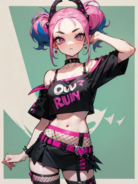 solo, upperbody, multicolor curly sideup hair, (tsurime), big forehead, eyelash, punk lady clothing, offshoulder, black camisole, pink miniskirt, fishnet stockings, punk rock image, diva,