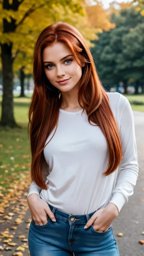 Realistic full body photo of a smiling, Young red-haired girl with long hair, ponytail hairstyle, She dances in front of the camera in a tight long blue shirt and tight white jeans, Park,glamour fotoshooting, Park, perfect anatomy, perfect green eyes. Perf...