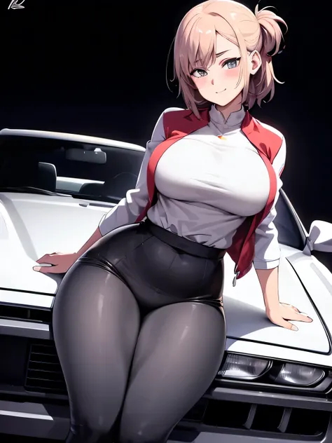 masterpiece, best quality, ultra-detailed, illustrator,1girl, short straight hair, wearing a white top, red and white racer jack...