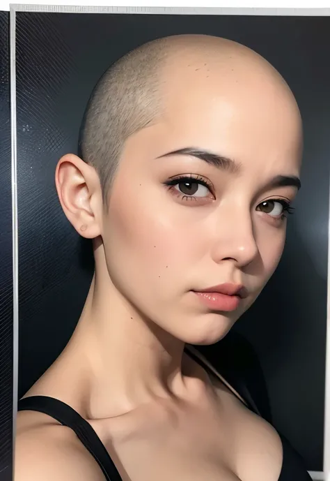 Passport picture, facing front, sensual face, looking forward, maintains eye contact with the viewer, smooth  perfect skin, dark eyeliner,  full face visible, High quality, portrait,  passport style picture, official document photograph, bald beauty, bald ...