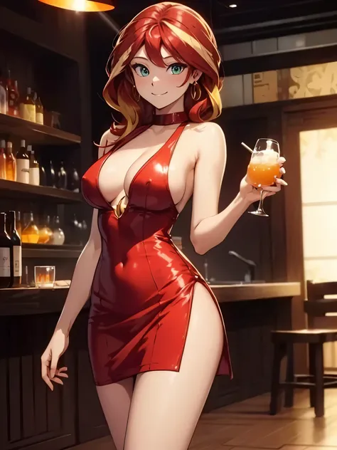 Sunsethuman, female, two tones of hair, red and yellow hair, tight dress, short dress, no-bra, dim lighting, at a party, holding a drink, smiling, sideboob