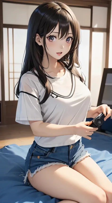 ((photograph))、((White liquid is scattered on the photograph))、Photograph of a 20-year-old woman、one person、The woman has beautiful black hair.、Long Hair, (Ample breasts), ((Short sleeve white T-shirt)),((Denim shorts))