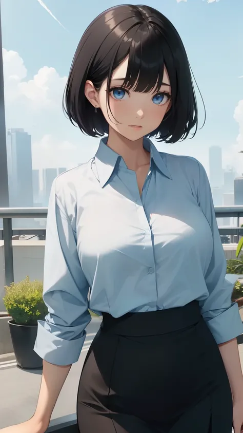 Highest quality, flying debris、Beautiful woman、office lady、Black Hair、(Dark blue eyes、Blunt bangs)、short hair、new employee,whole bodyショット、Female office lady、break(Light blue collarless shirt、black pencil long skirt:1.2)、(black tights、High heels)、break(Outd...