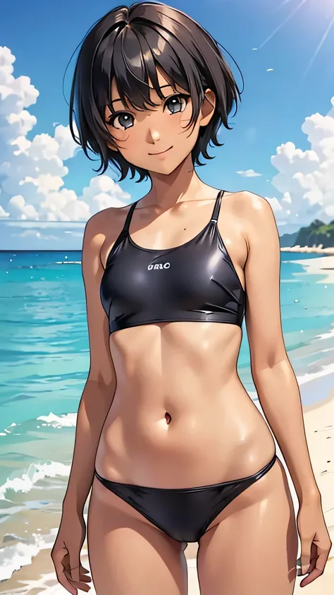 Highest quality、Realistic、、zoom、Primary school students、Two people、Two people、Women、low length、cute、Light grey eyes、Black Hair、short hair、Tanned brown skin、Dark Skin、Blue swimsuit、Flat Chest、、thin、smile、Ocean