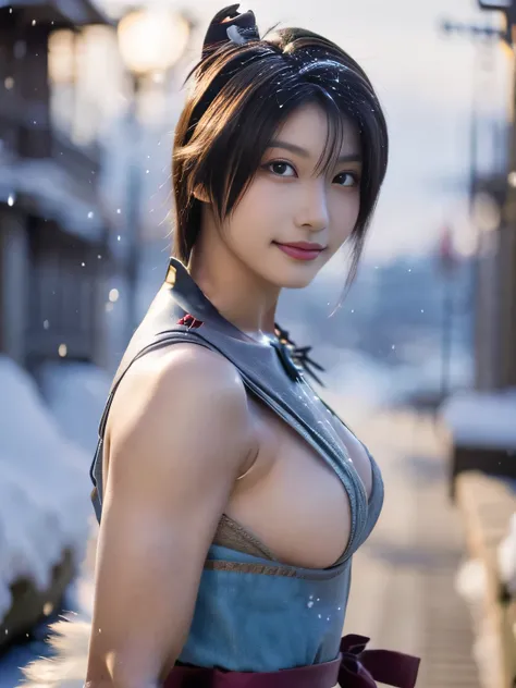 20 year old Japanese beauty，One woman、Muscular body like a bodybuilder、Emphasize the breasts、He wears a headband on his head、Slit eyes、A head-to-toe view，Bust is very very large、The background is a snowy country、High quality photos、Clear, crisp images of t...