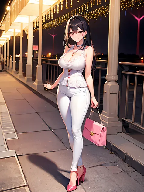 one female、skinny pants　white、all-lace pattern　sleeveless shirt　pink、big breasts、beautiful feet、smile、black hair　long hair、seasi...