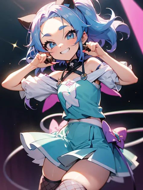 solo,(looking at viewer:1.2),((leaning foward:1.3)), (wariza),close up cute face,multicolor curly sideup hair, (tsurime), big forehead, eyelash, punk lady clothing, offshoulder, white camisole, pastel blue miniskirt, fishnet stockings, punk rock image, Sin...