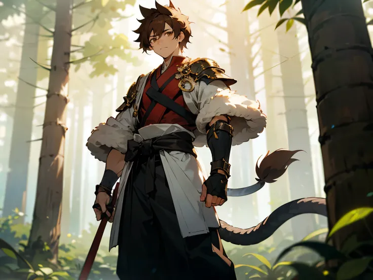 1male , Messy Brown Hair , Monkey Tail , Black Yukata , Baggy Pants ,White Dragon Armguard Armorpiece On One Arm, Animal Pelt Around Waist , Standing In Forest , Martial Arts Clothing ,Cloth Wristgaurds , Young Male