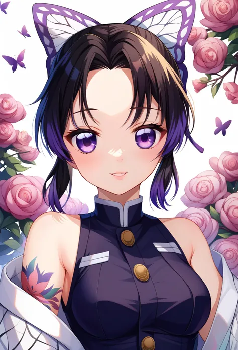 a mesmerizing surreal illustration of a young japanese woman resembling shinobu kouchou. she has black hair, purple eyes, a butt...