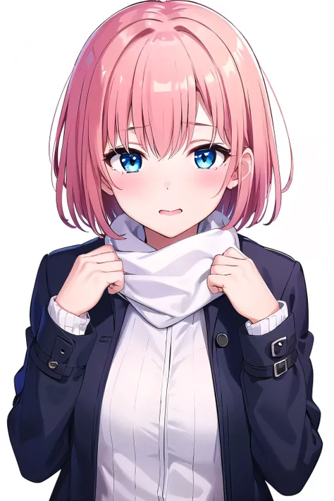 girl,boyish, very short hair, pink Hair, medium Breasts, winter clothing ,Cowboy Shot,blush,sexy face,blue eyes,clearly,Striped pattern, (white background:1.3), 