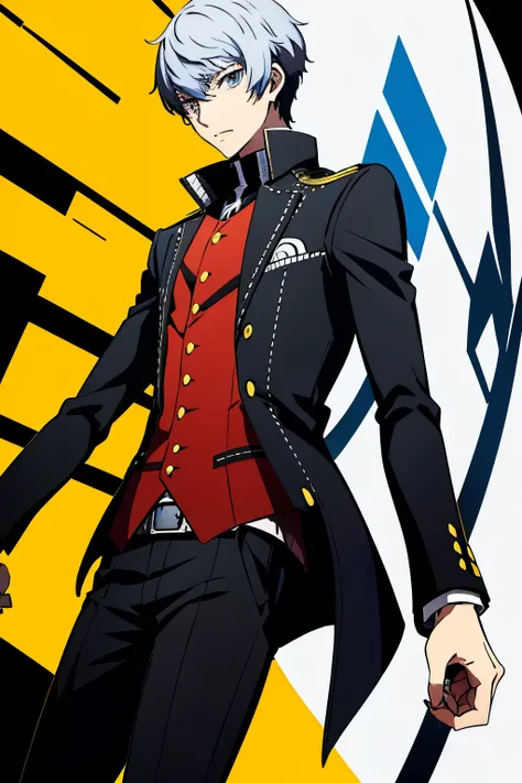 Persona Trait, persona 4 protagonist yu narukami, without glasses, wearing noble clothing,     with a persona, wearing a suit and brass knuckles, Behind him.