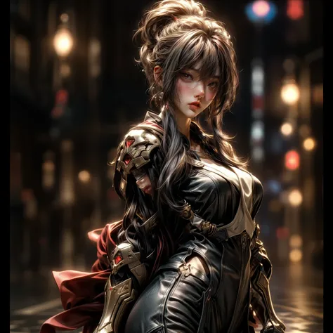 (best quality)), ((Masterpiece)), (details:1.4), 3d, HDR (high dynamic range), an image of a beautiful cyberpunk female, Hips up, cyberpunk, Red hair, Curtain Bangs, beautiful Red eyes, จมูกโด่ง, ปากแดง, หน้าอกใหญ่, nvidia RTX, PBR surface, After processin...