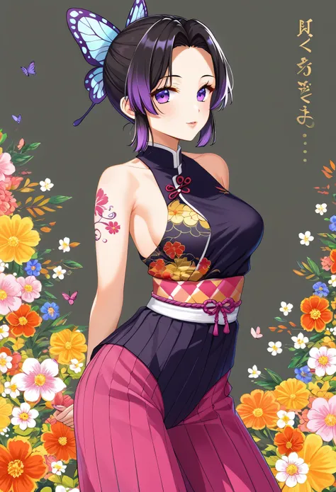 A mesmerizing surreal illustration of a young japanese woman resembling Shinobu Kouchou. She has black hair, purple eyes, a butterfly hair ornament, and wears a vibrant pastel colored outfit adorned with intricate floral patterns. She has a smooth, warm co...