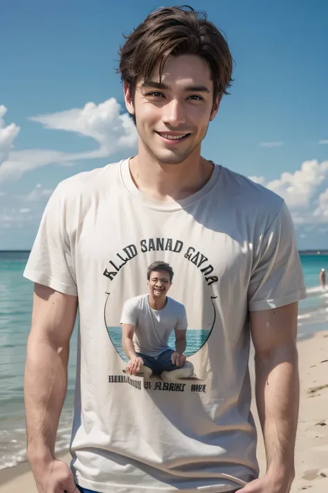 Handsome Canadian man in a t-shirt、Sandy Beach、A kind smile、2