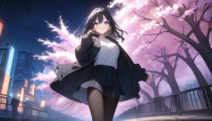 masterpiece, high quality, 16k resolution, detailed, beautiful anime girl, large breasts, slender waist, pale skin, black hair, fine hair, simple clothing, white T-shirt, no accessories, (looking away:1.4), (walking in neon-lit night city), spring season, ...