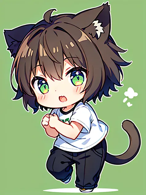 1boy, short brown hair, NEKOMIMI, cat tail, white T shirt, gray jacket, black pants, chibi, put hands on body, full body, green background, close mouth,