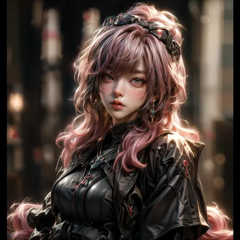 (best quality)), ((Masterpiece)), (details:1.4), 3d, HDR (high dynamic range), an image of a beautiful cyberpunk female, Hips up, cyberpunk, Pink hair, Curtain Bangs, beautiful Red eyes, จมูกโด่ง, ปากแดง, หน้าอกใหญ่, nvidia RTX, PBR surface, After processi...