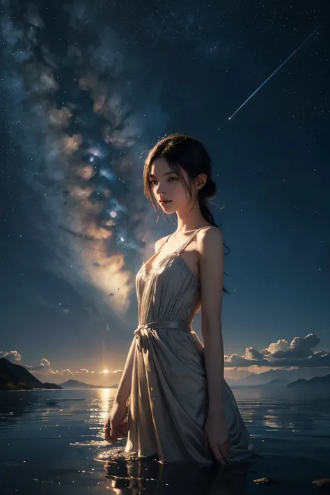 1 girl, extremely detailed eyes and face, beautiful detailed lips, long eyelashes, slender body, cute one piece dress, beautiful night sky, meteor shower, beyond the clouds, water surrounded, reflections, wide angle, breathtaking clouds, by makoto shinkai,...